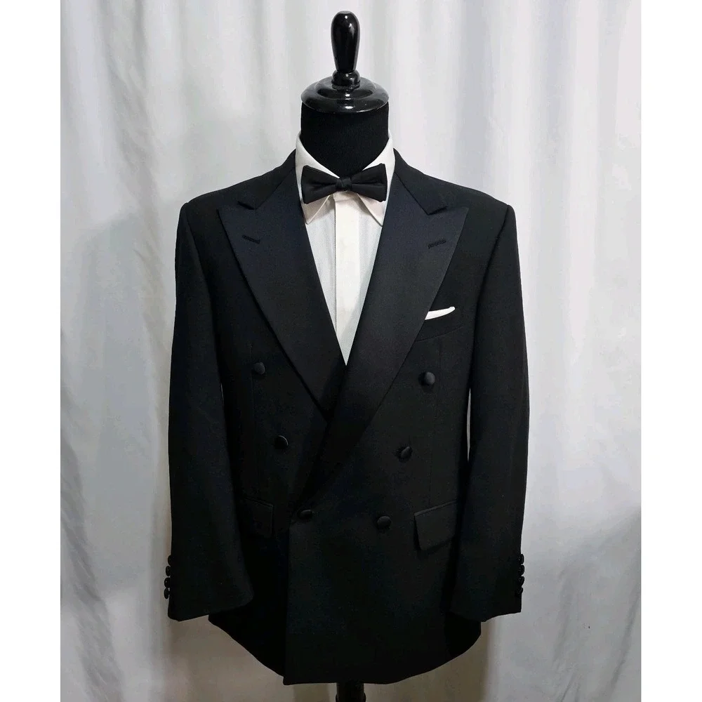 Vtg Nordstrom Tuxedo Suit Double Breasted 41R Pants 34x33 Satin Stripe USA Wool